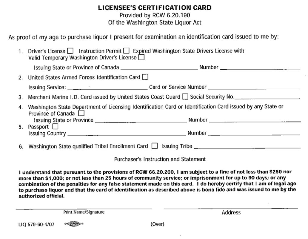 Washington  License Certification card